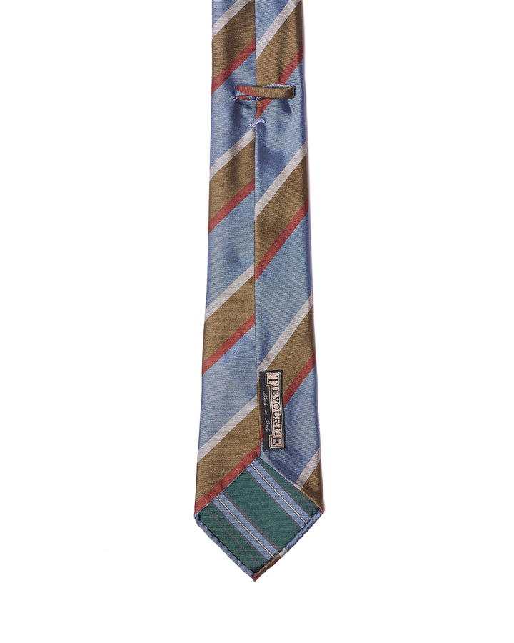 Jacquard tie - 7 Fold - Light blue, olive, gray and brick stripe