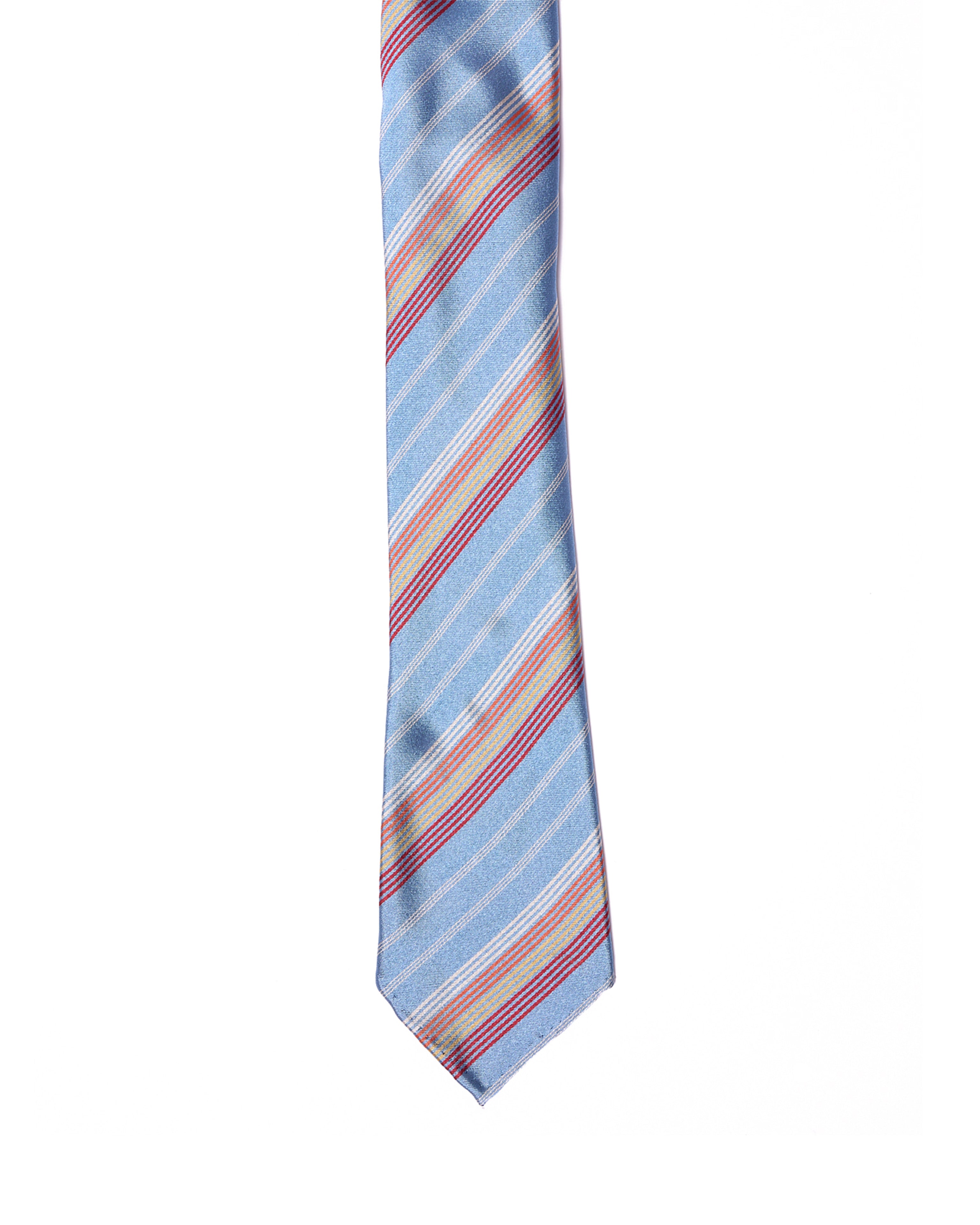 Printed tie - 7 Fold - Light blue with red, burgundy, yellow and whtie stripe