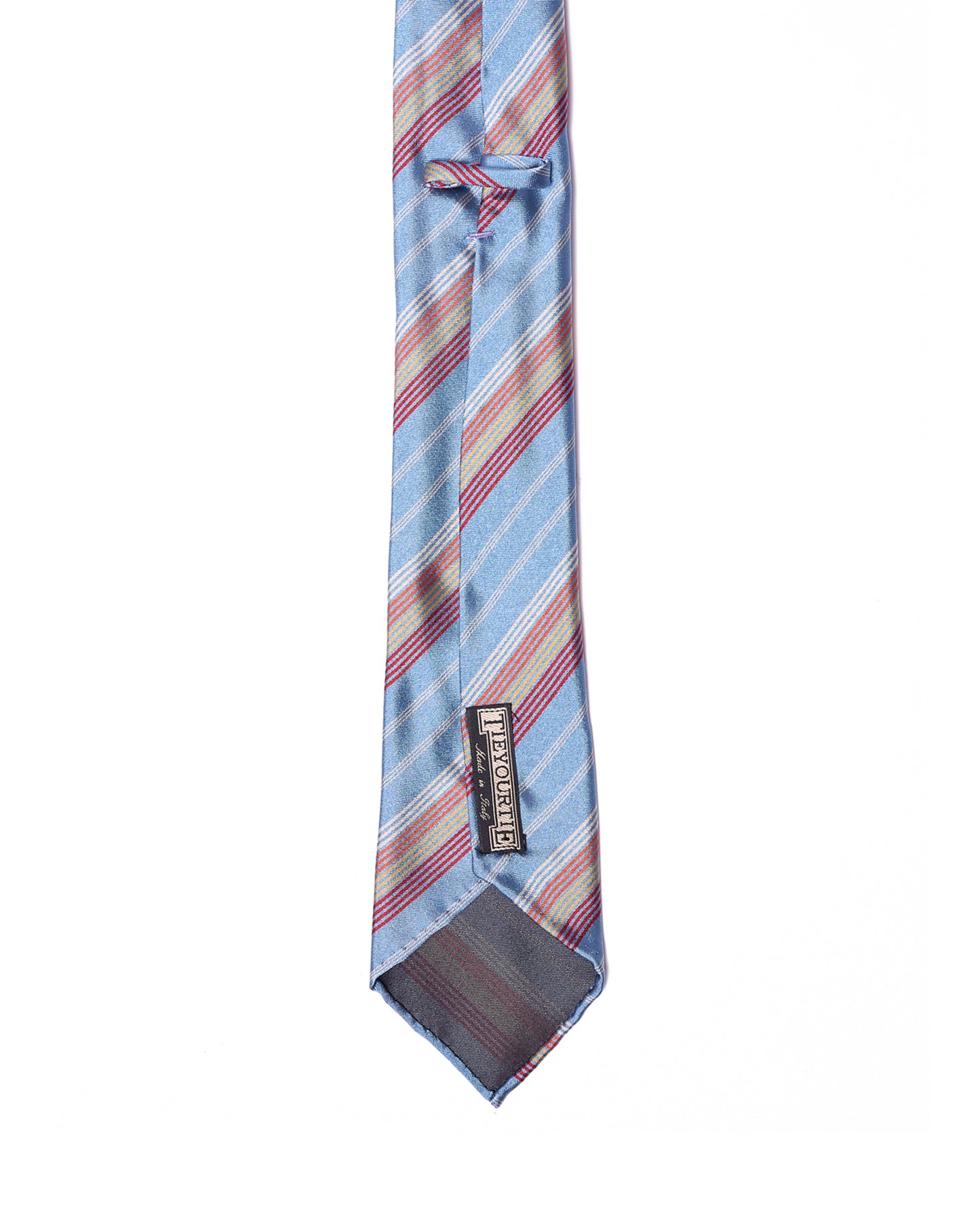 Printed tie - 7 Fold - Light blue with red, burgundy, yellow and whtie stripe