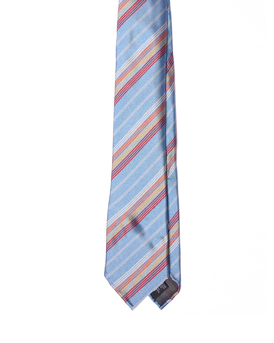 Printed tie - 7 Fold - Light blue with red, burgundy, yellow and whtie stripe