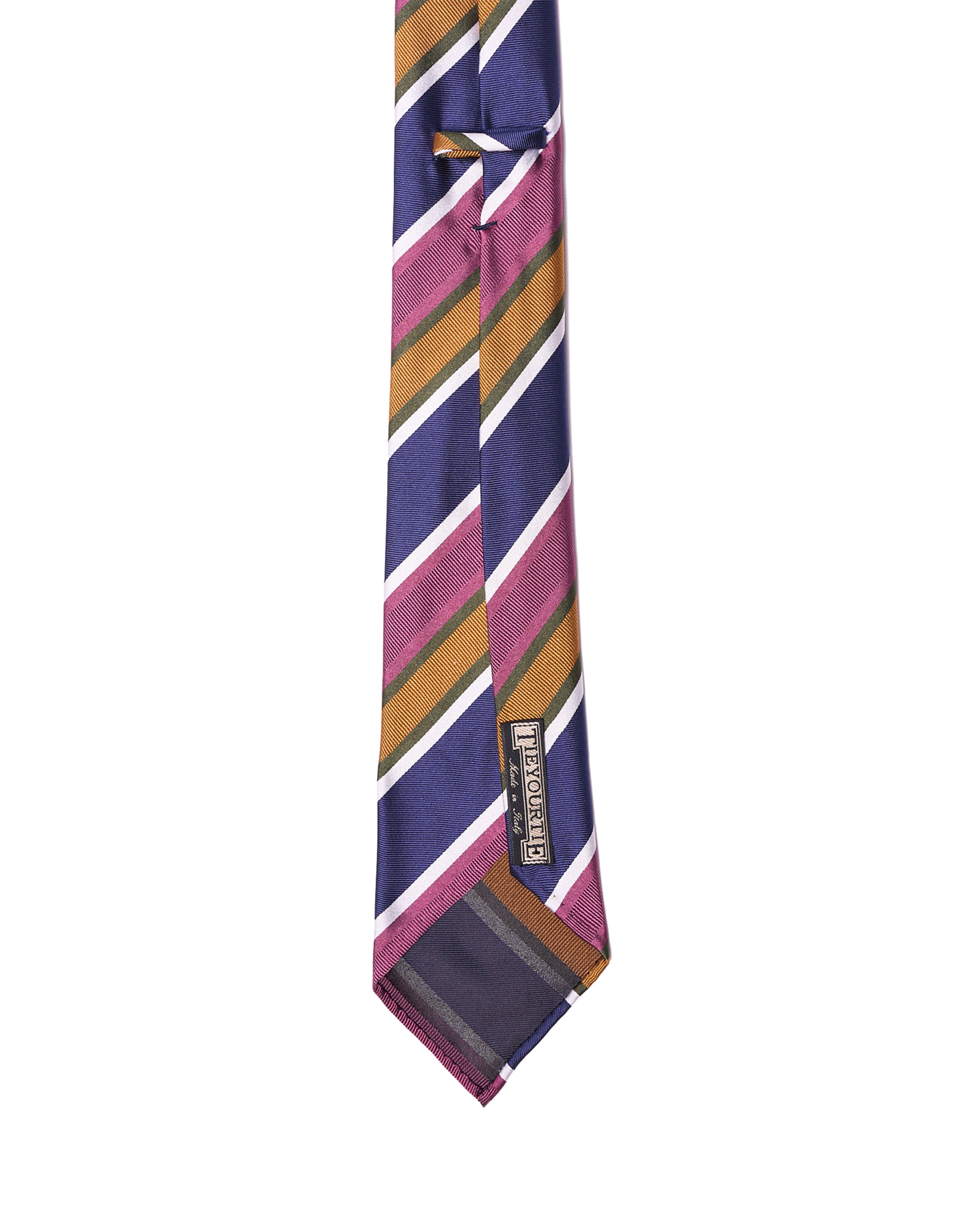 Jacquard tie - 7 Fold - Navy, amber, purple, green and white stripe