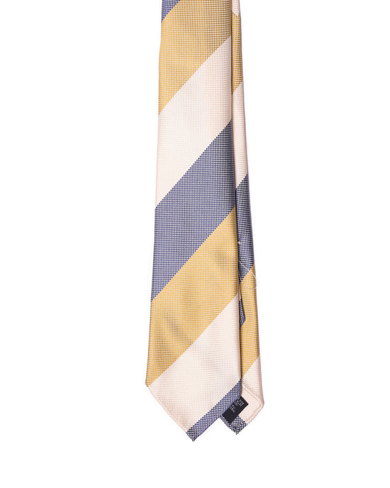 Grenadine tie - 7 Fold - Navy blue, green and pale yellow stripe