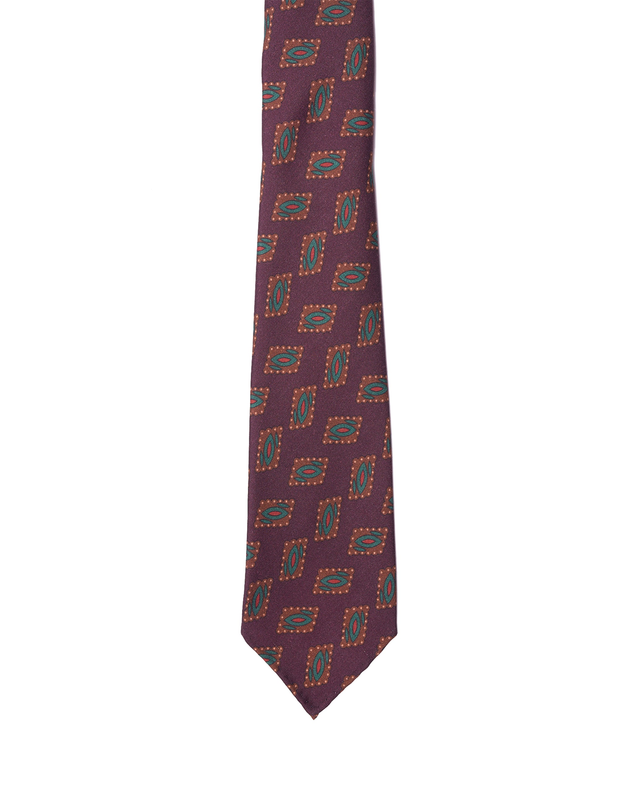 Printed tie - 7 Fold - Burgundy with green, red and brown motif