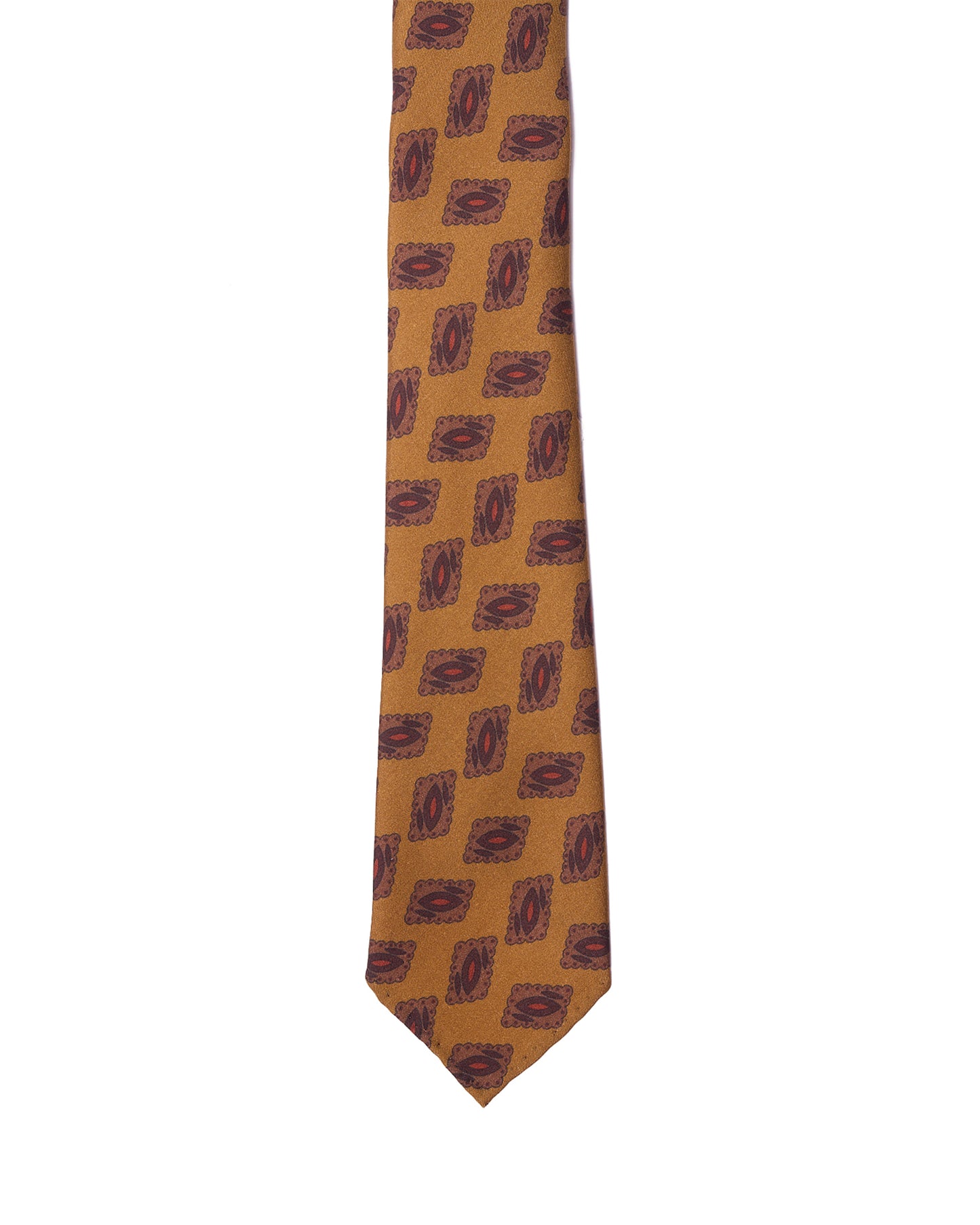 Printed tie - 7 Fold - Amber with navy, red and brown motif