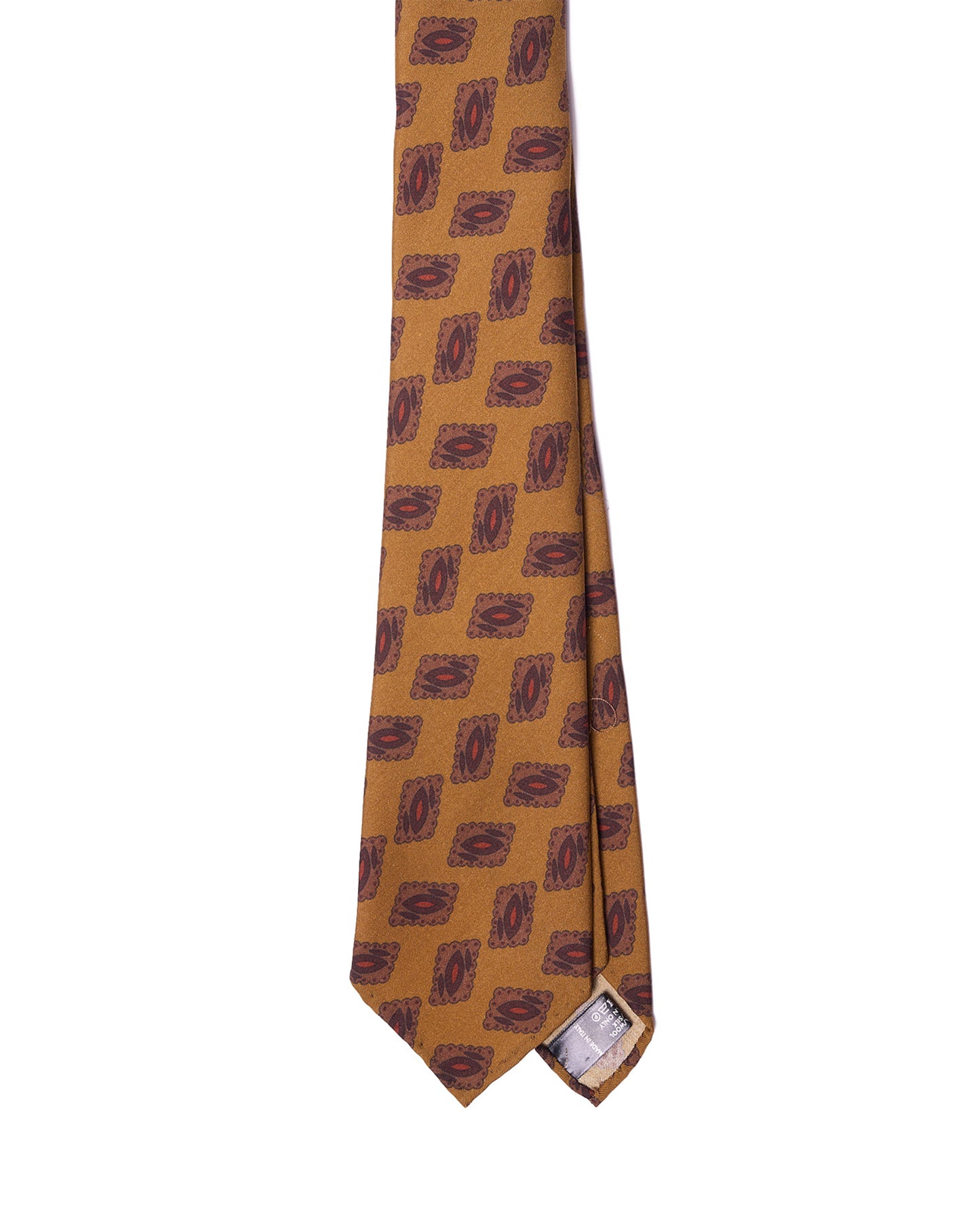 Printed tie - 7 Fold - Amber with navy, red and brown motif