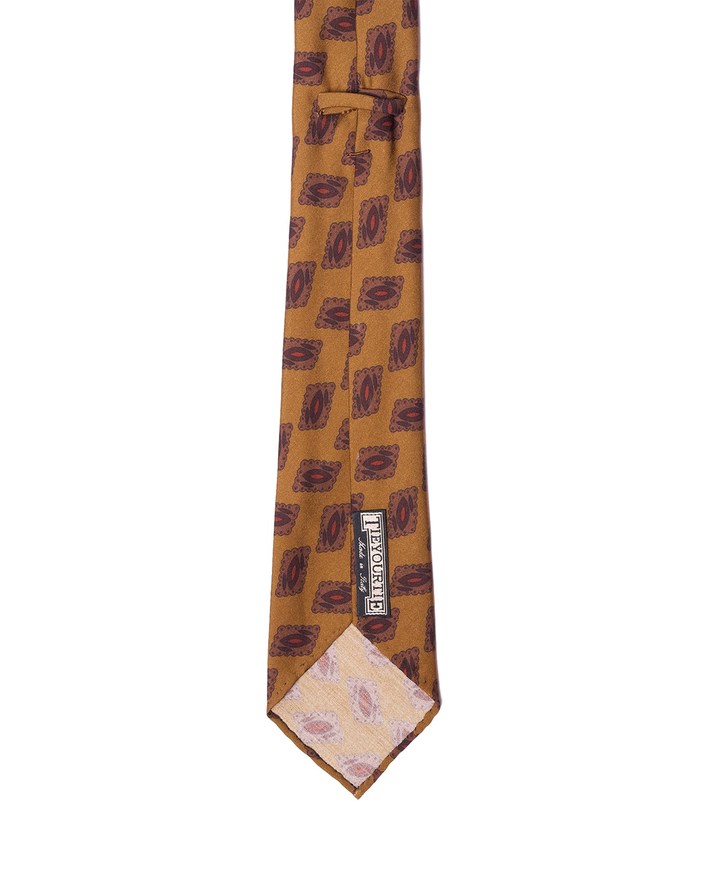 Printed tie - 7 Fold - Amber with navy, red and brown motif