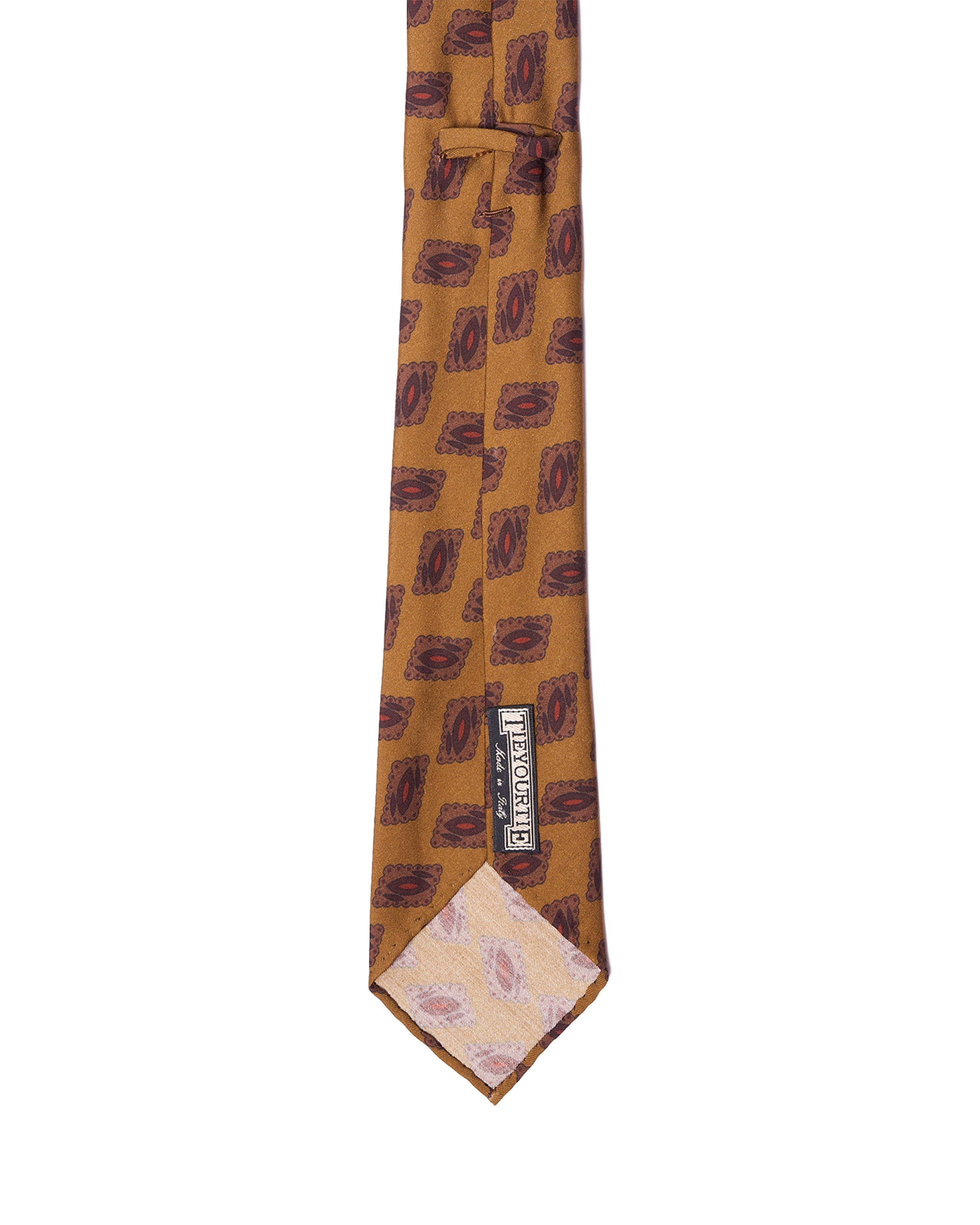 Printed tie - 7 Fold - Amber with navy, red and brown motif