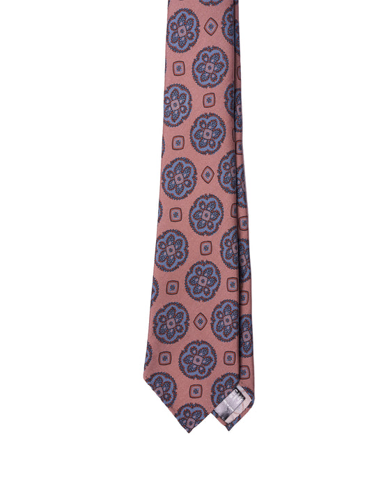 Printed tie - 7 Fold - Medium pink with large blue motif