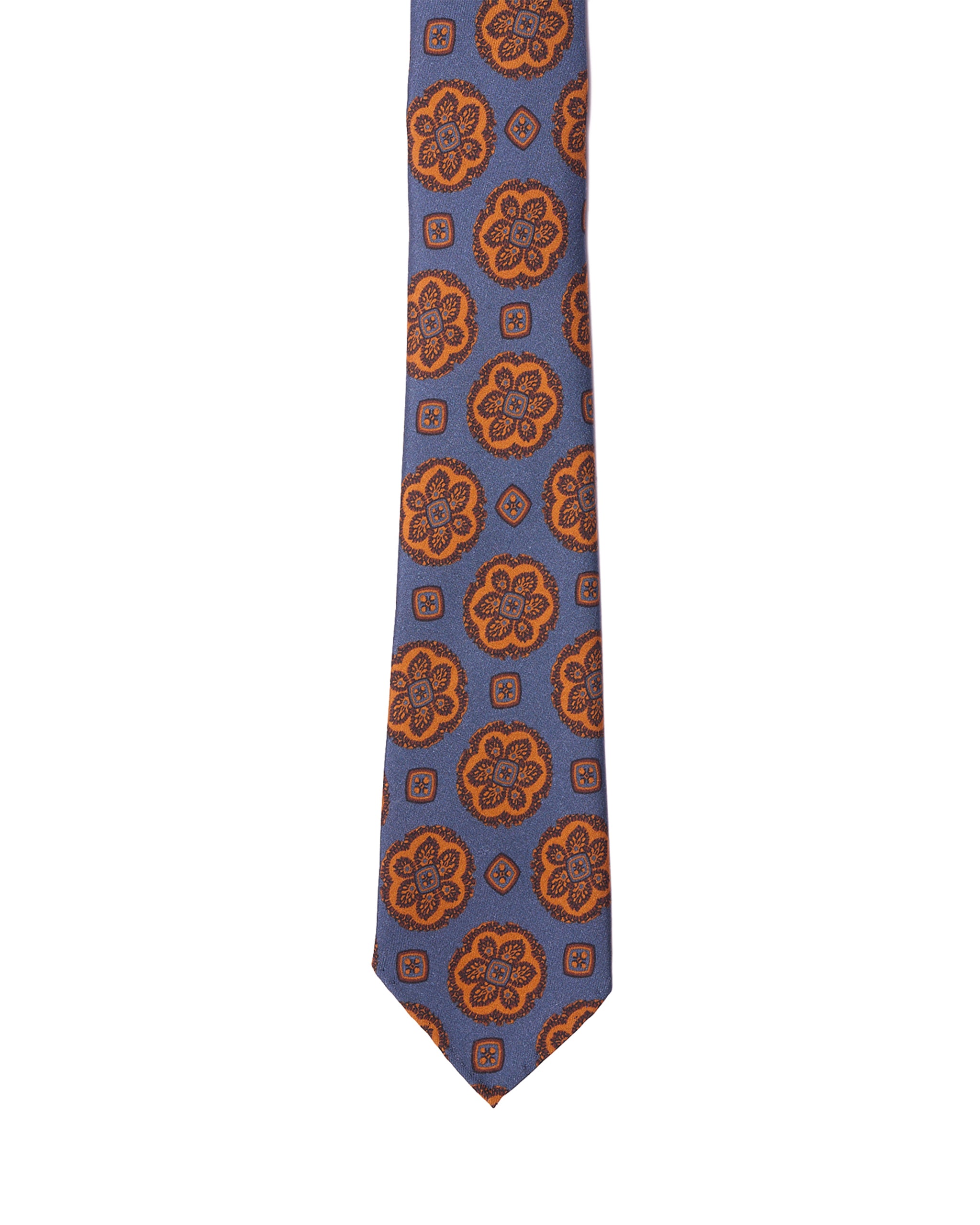 Printed tie - 7 Fold - Blue with large orange motif