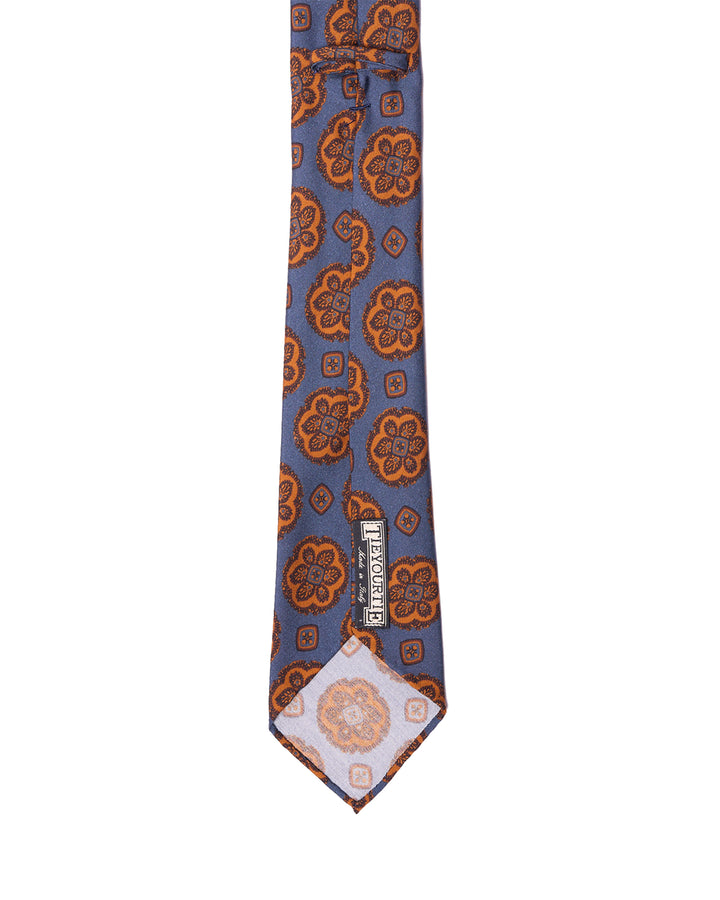 Printed tie - 7 Fold - Blue with large orange motif