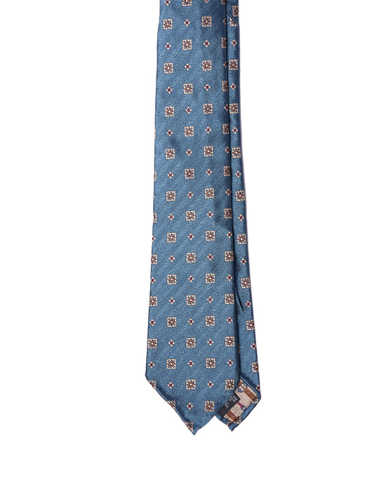 Jacquard tie - 7 Fold - Light blue with white and brown small motif