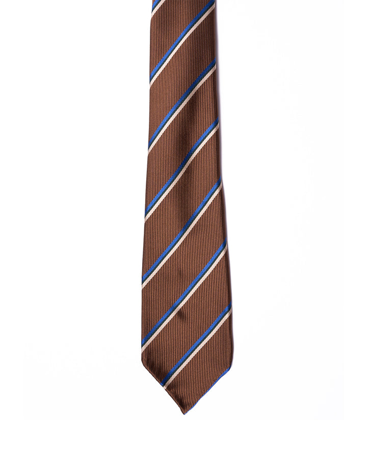 Jacquard tie - 7 Fold - Brown with blue and white stripe