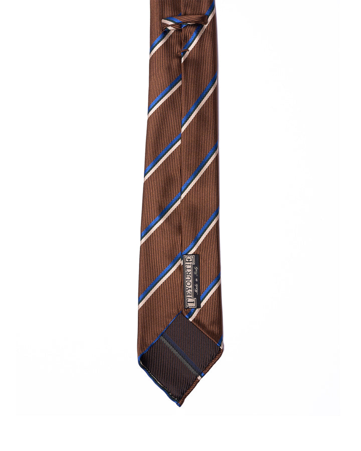 Jacquard tie - 7 Fold - Brown with blue and white stripe