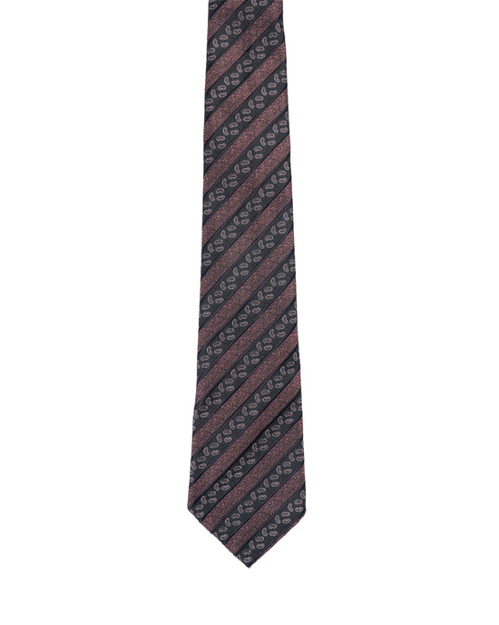Jacquard tie - 7 Fold - Brown and black stripe with micro paisley motif