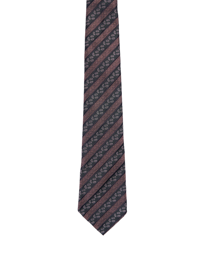 Jacquard tie - 7 Fold - Brown and black stripe with micro paisley motif