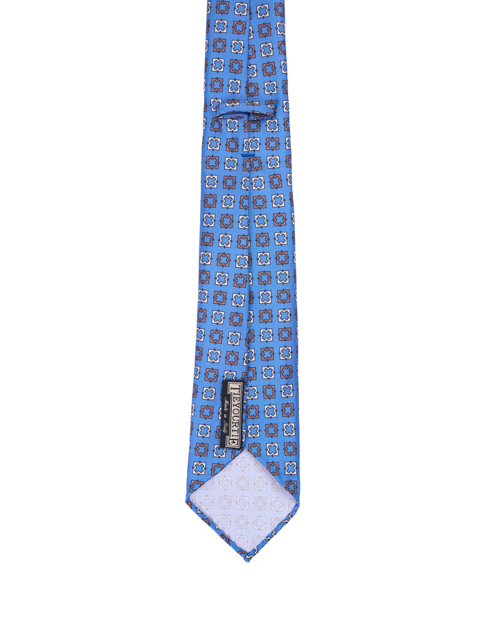 Printed tie - 7 Fold - Medium blue with orange and white square motif