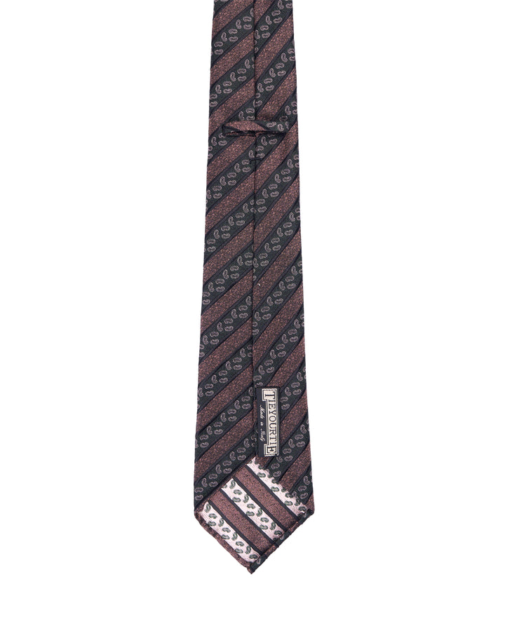 Jacquard tie - 7 Fold - Brown and black stripe with micro paisley motif