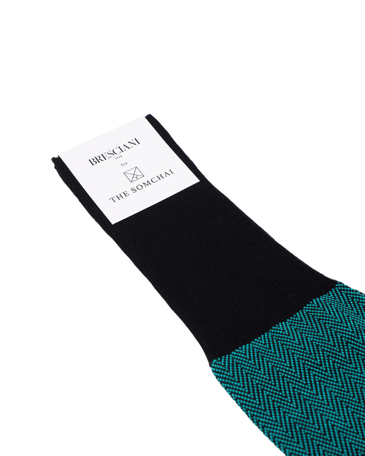 Knee length socks - Herringbone cotton  - Nero Aqua