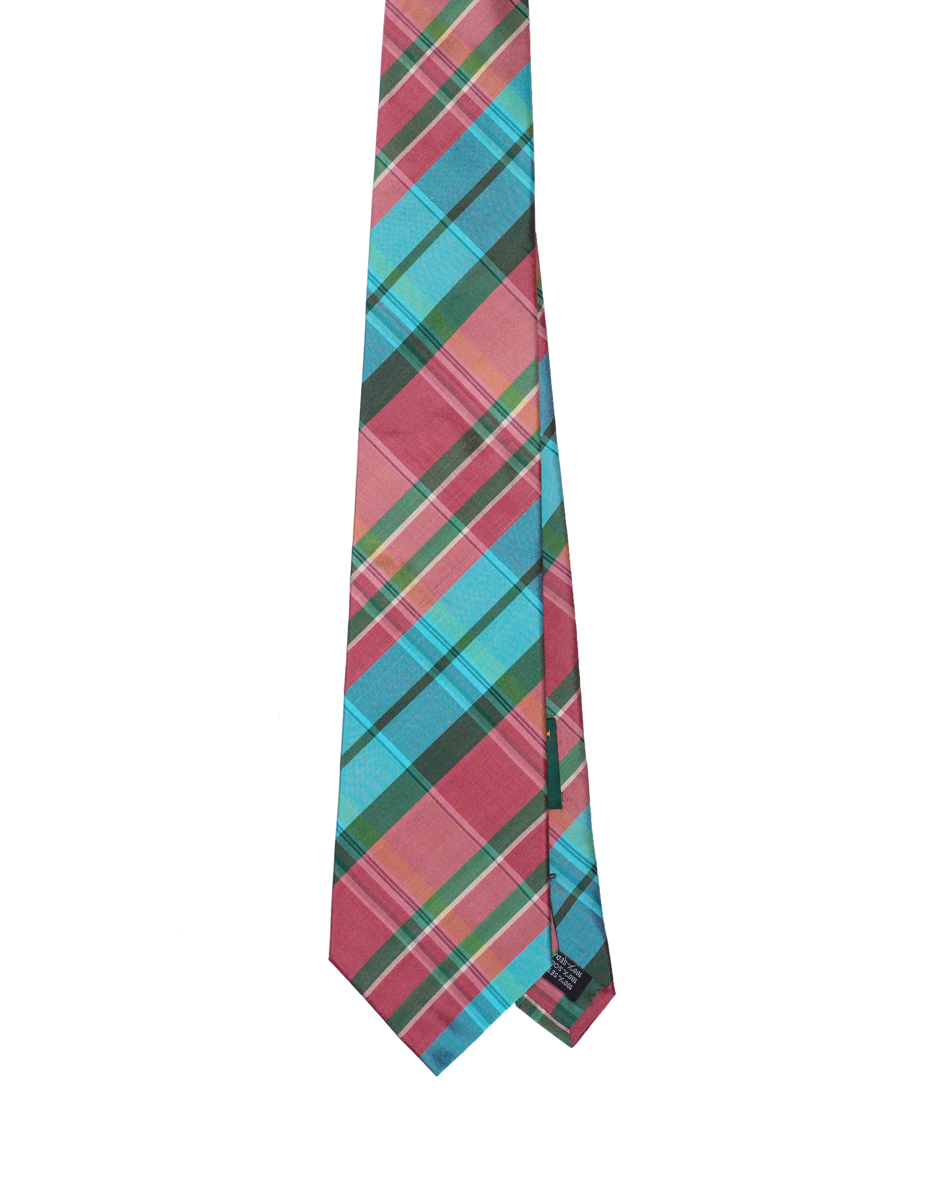 Printed Tie - 3 Fold - Pink, light blue and green plaid