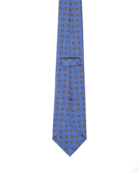 Printed Tie - 3 Fold - Beige flower motif on medium blue
