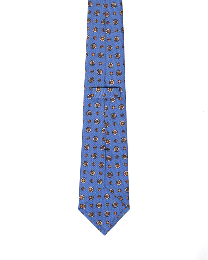 Printed Tie - 3 Fold - Beige flower motif on medium blue