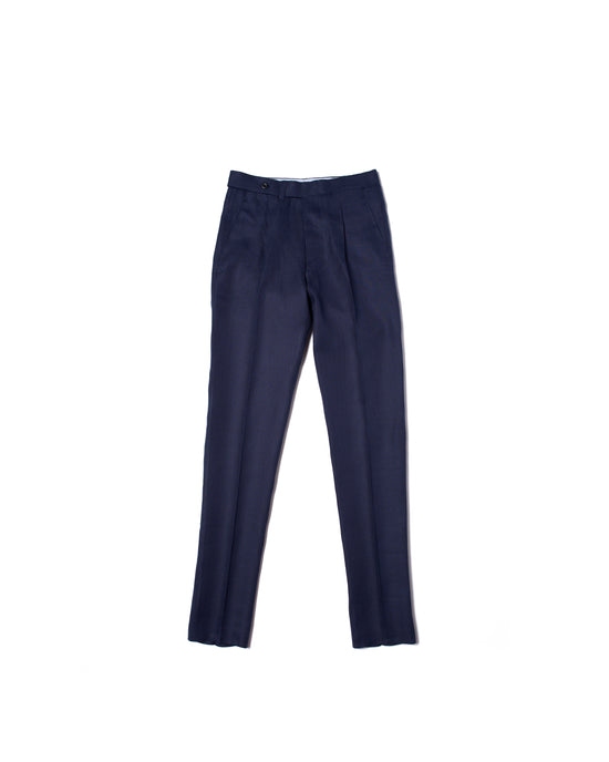 Herringbone linen trousers - Single pleat trousers - Navy Blue