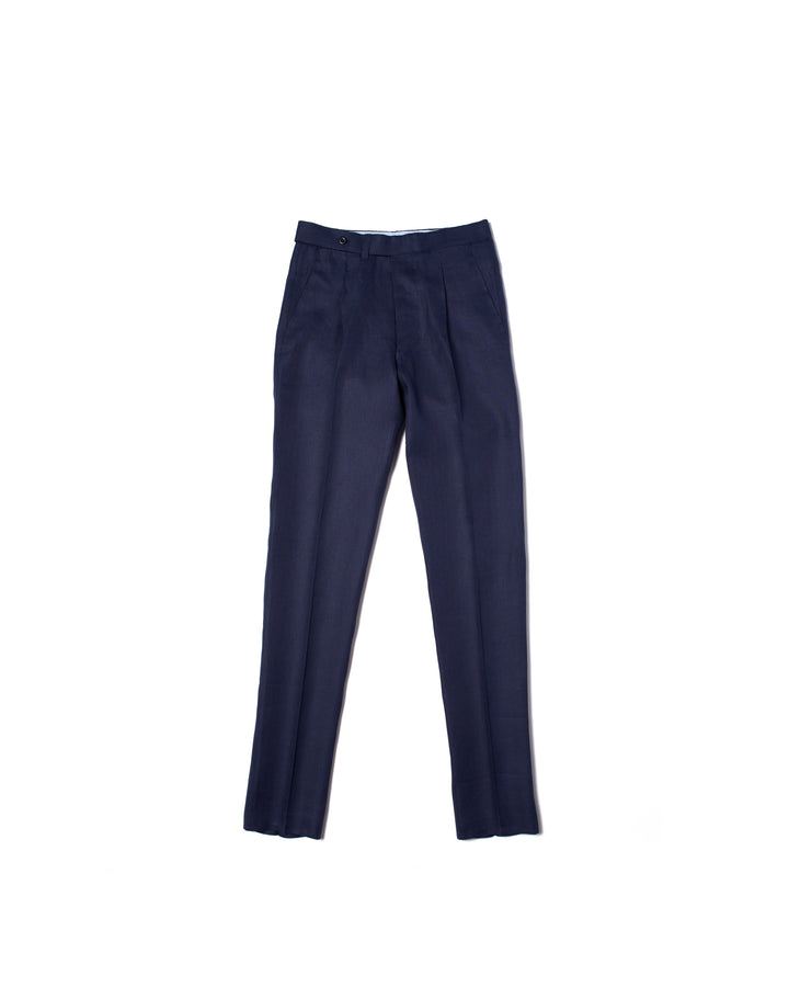 Herringbone linen trousers - Single pleat trousers - Navy Blue