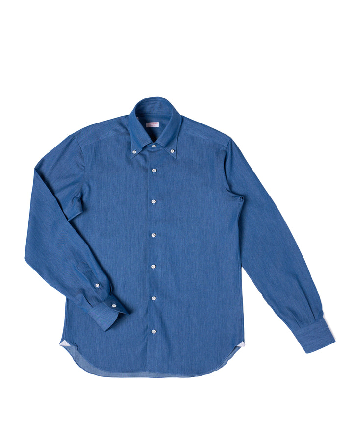 A medium blue denim button down shirt with long sleeves, displayed on a white background.