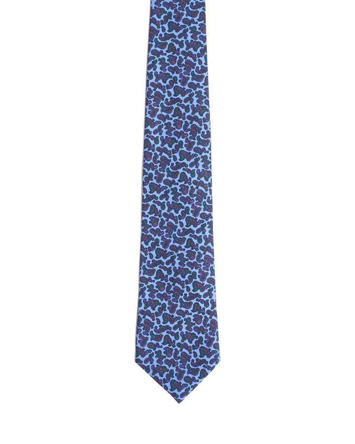 Printed Tie - 3 Fold - Neon blue with dark paisley
