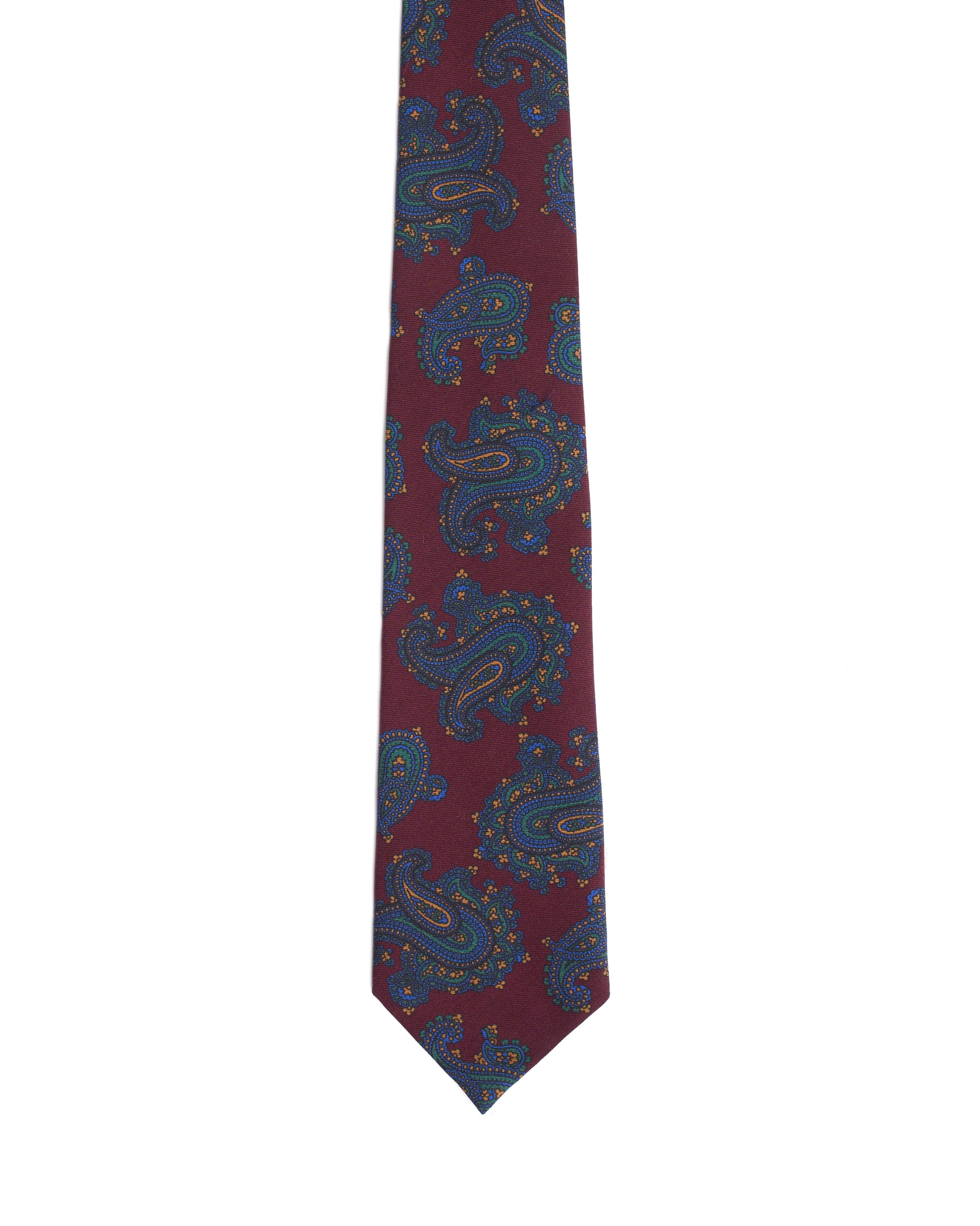 Printed Tie - 3 Fold - Burgundy with large blue paisley