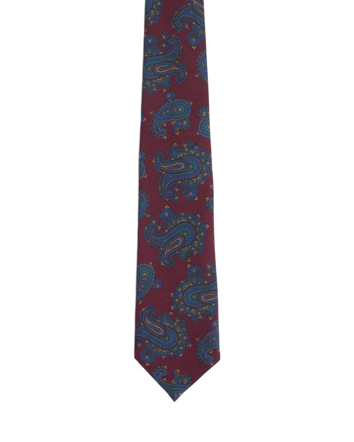 Printed Tie - 3 Fold - Burgundy with large blue paisley