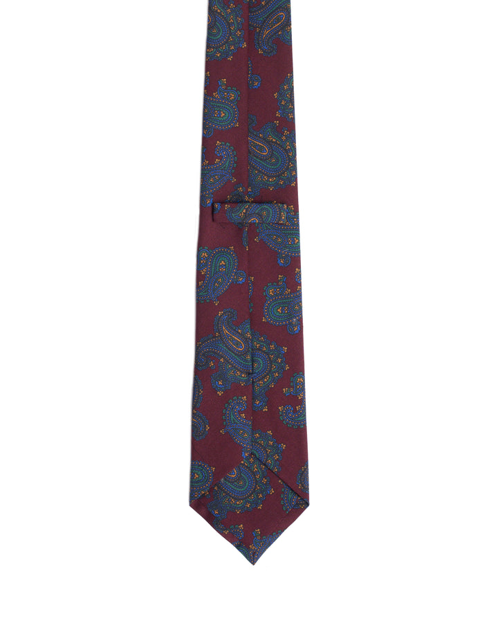 Printed Tie - 3 Fold - Burgundy with large blue paisley