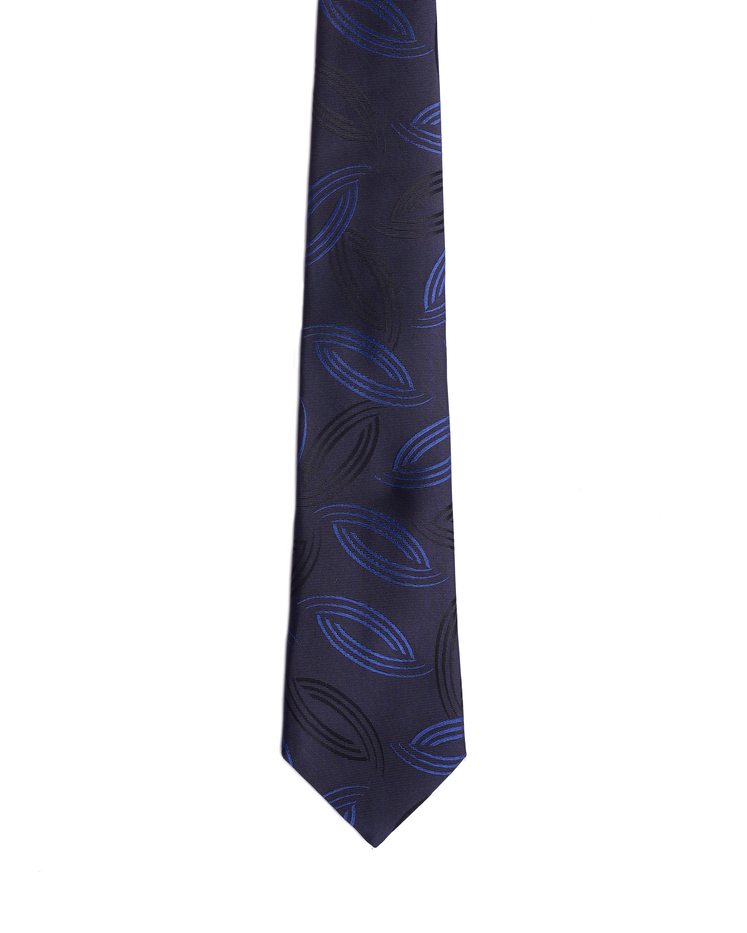 Jacquard tie - 3 Fold - Navy blue with black and medium blue curve line
