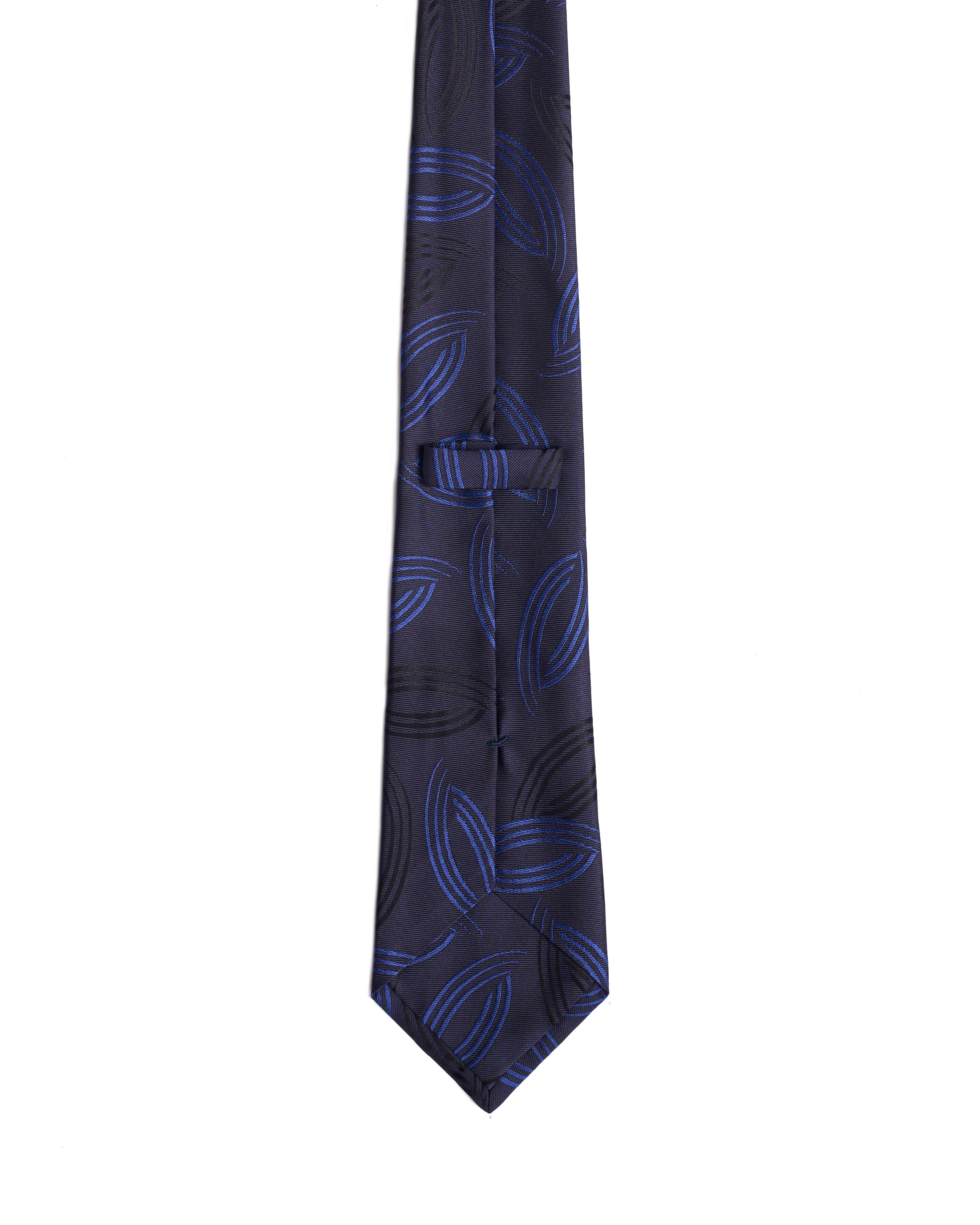 Jacquard tie - 3 Fold - Navy blue with black and medium blue curve line