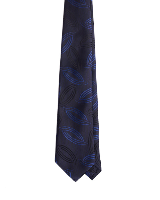 Jacquard tie - 3 Fold - Navy blue with black and medium blue curve line