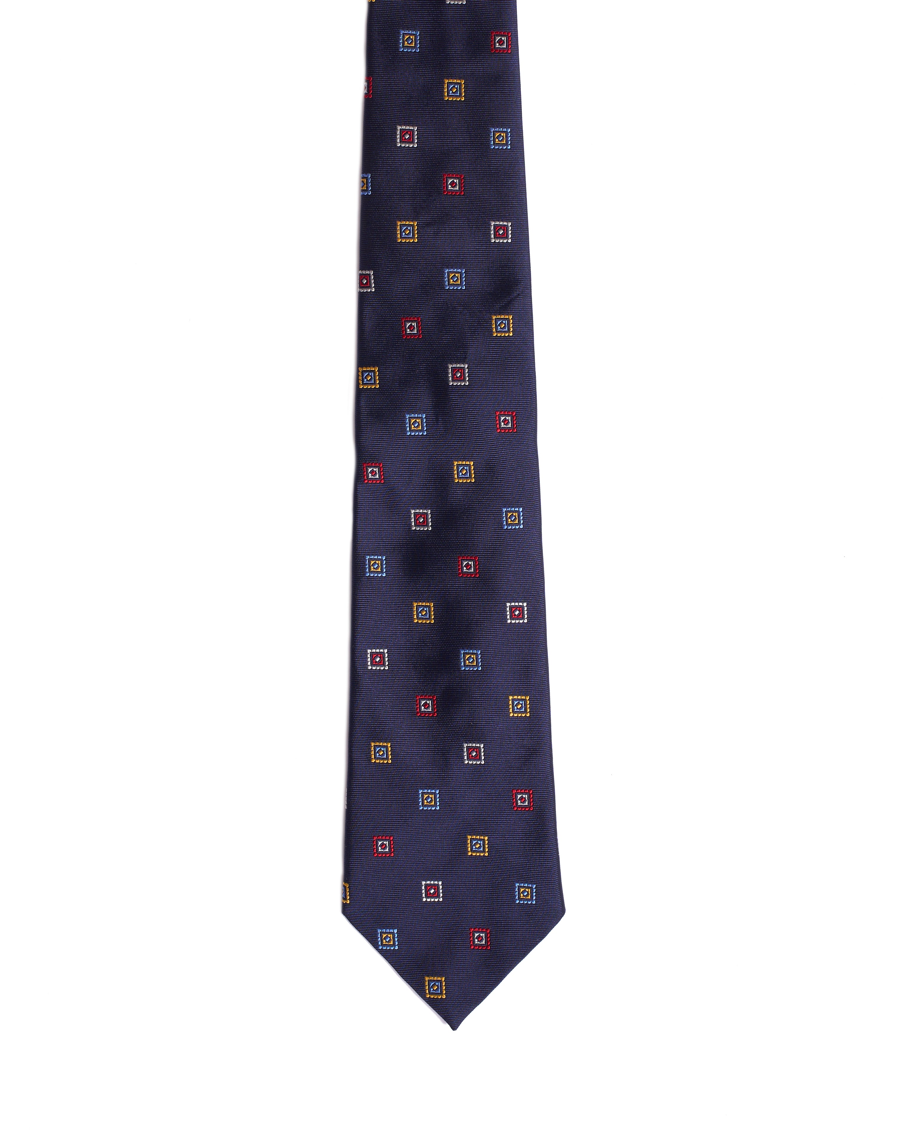 Jacquard tie - 3 Fold - Navy blue with multi colour squares
