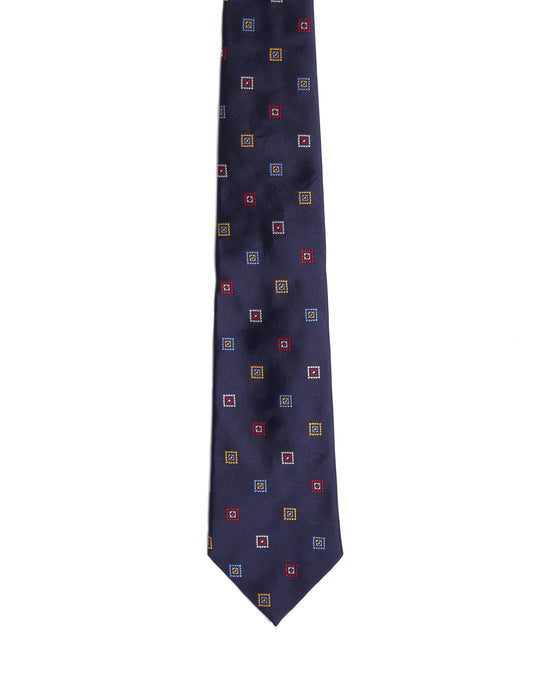 Jacquard tie - 3 Fold - Navy blue with multi colour squares