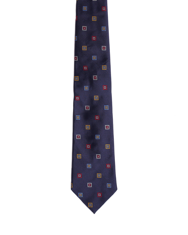 Jacquard tie - 3 Fold - Navy blue with multi colour squares