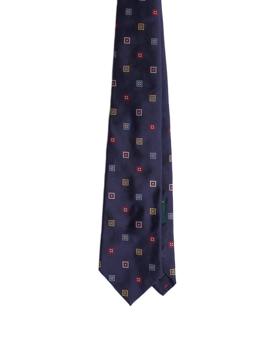 Jacquard tie - 3 Fold - Navy blue with multi colour squares