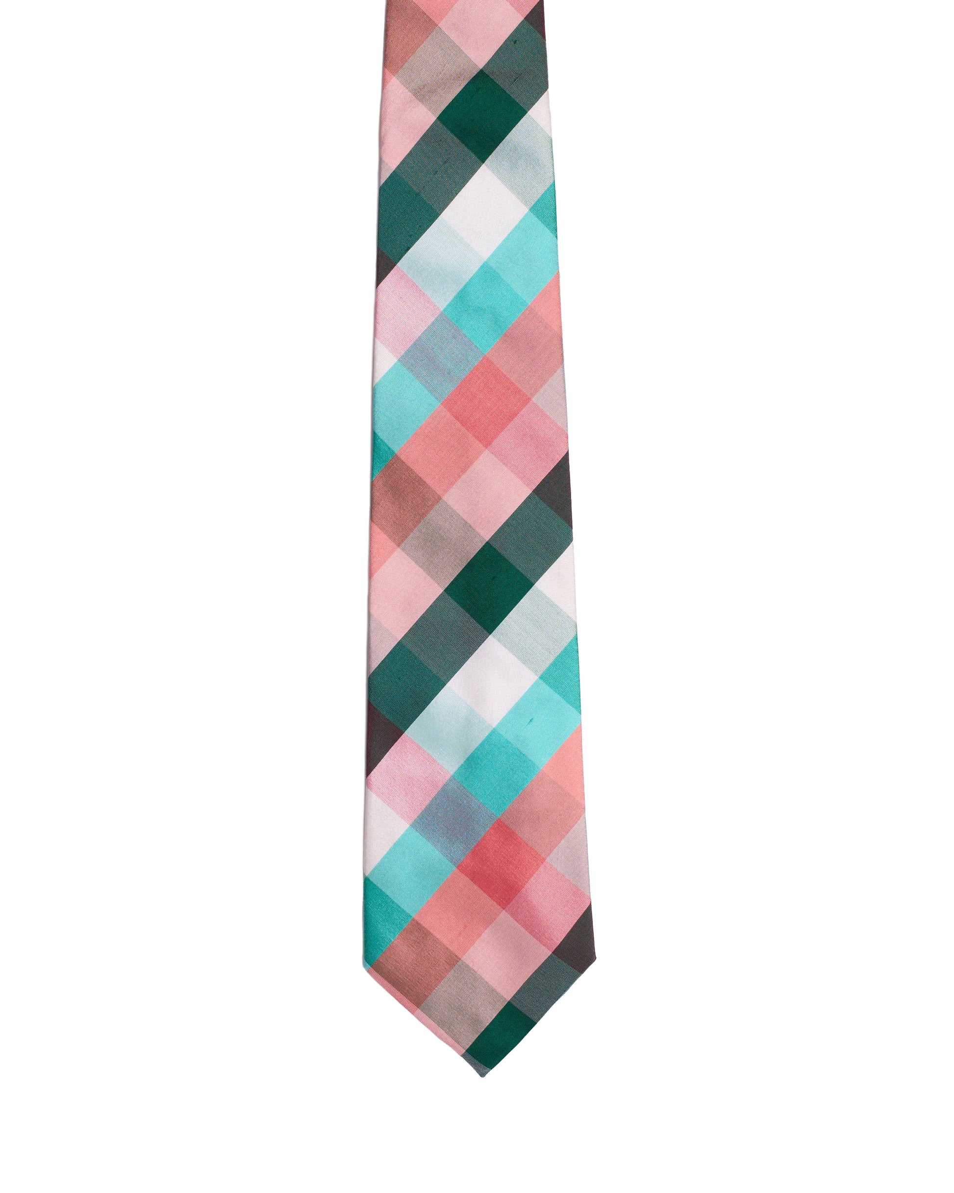 Printed Tie - 3 Fold - Green, orange, blue plaid