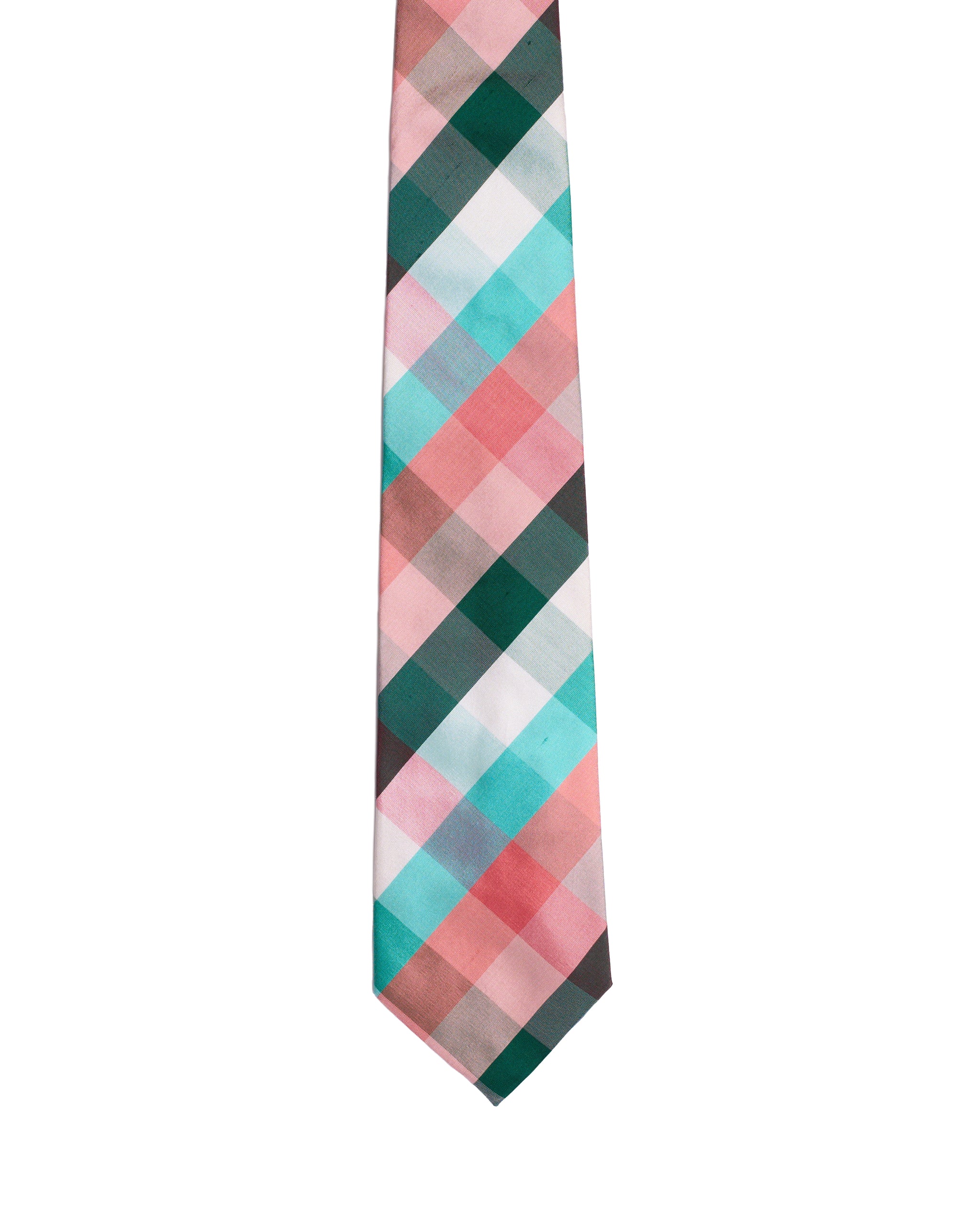 Printed Tie - 3 Fold - Green, orange, blue plaid