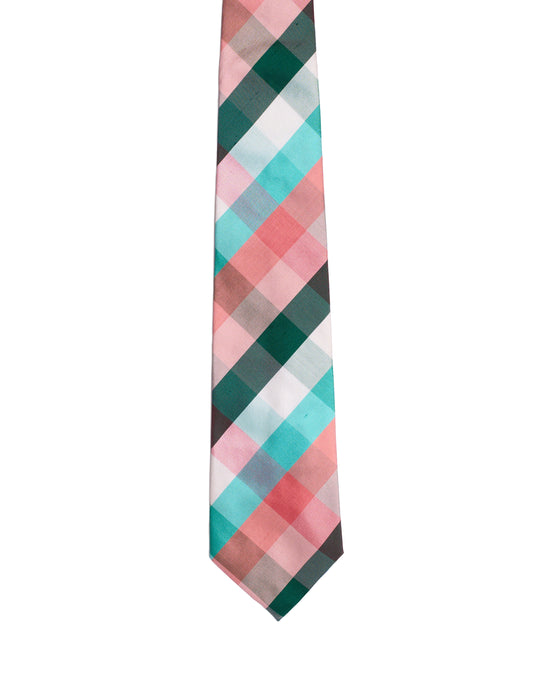 Printed Tie - 3 Fold - Green, orange, blue plaid