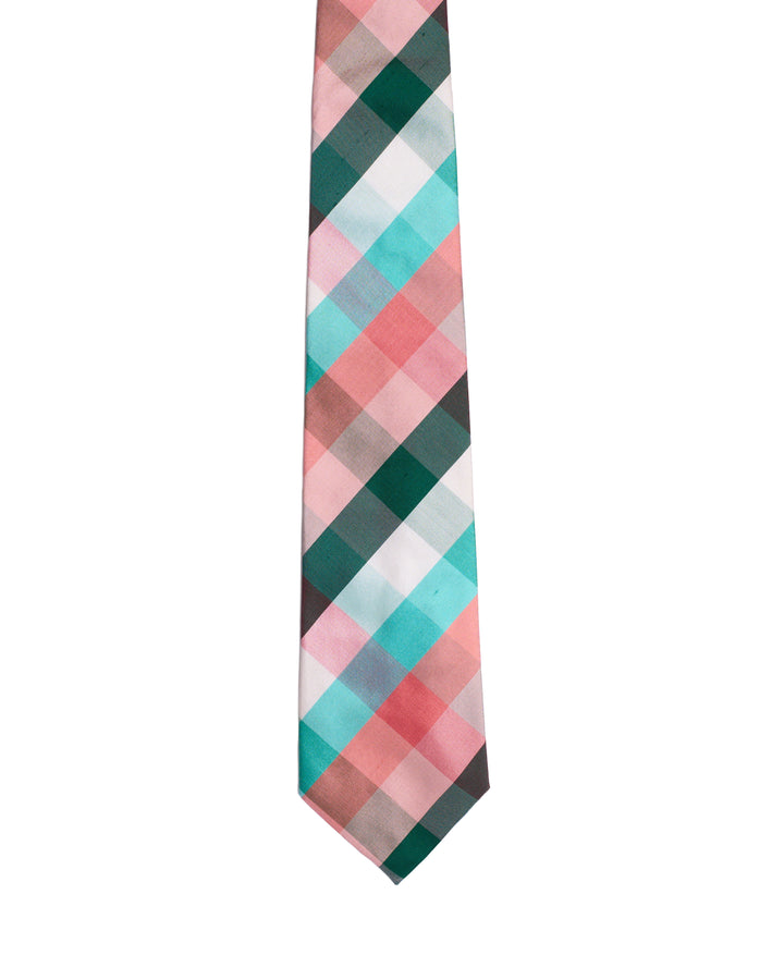 Printed Tie - 3 Fold - Green, orange, blue plaid