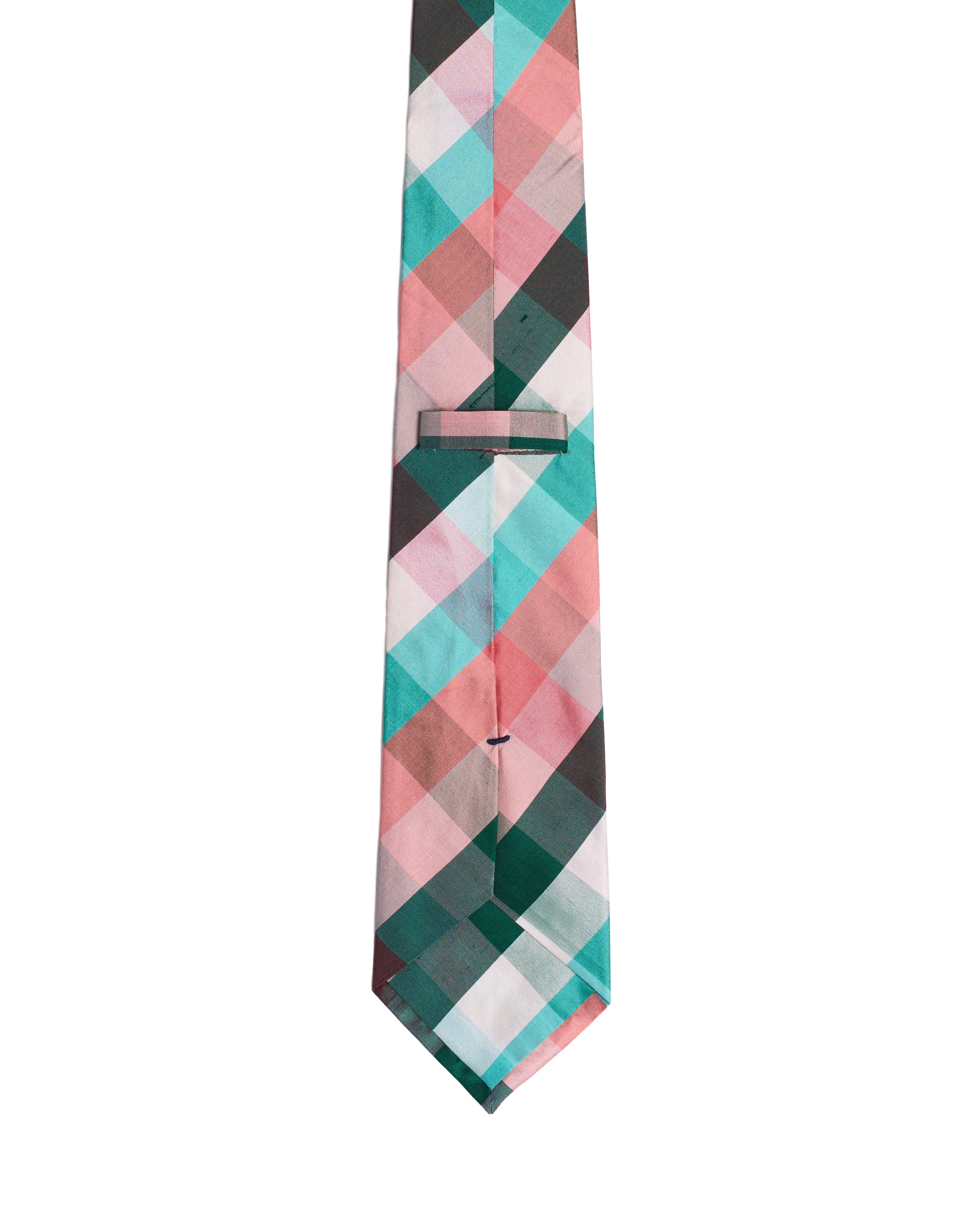 Printed Tie - 3 Fold - Green, orange, blue plaid