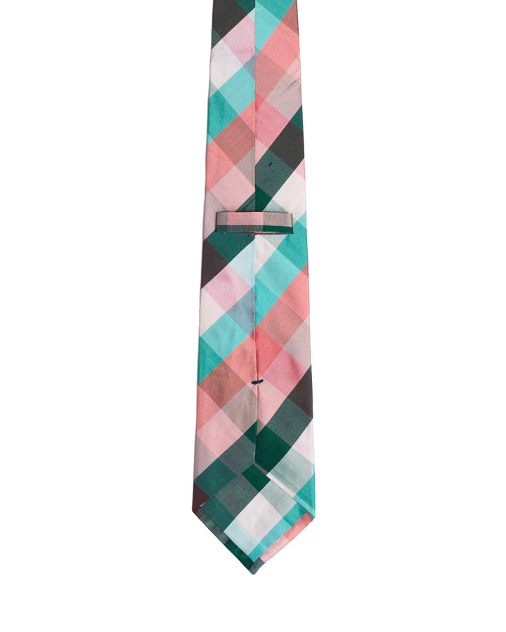 Printed Tie - 3 Fold - Green, orange, blue plaid