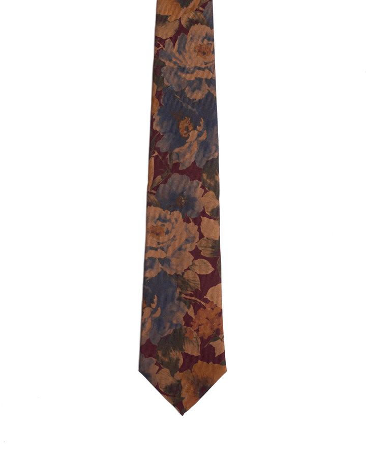 Printed tie - 3 Fold - Burgundy with blue flowers