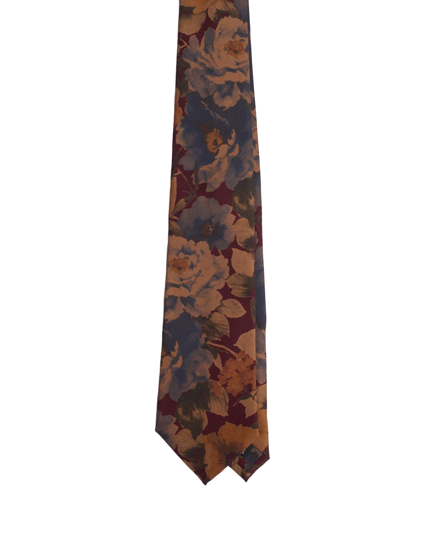 Printed tie - 3 Fold - Burgundy with blue flowers