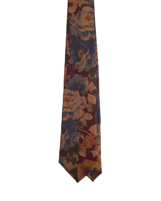Printed tie - 3 Fold - Burgundy with blue flowers