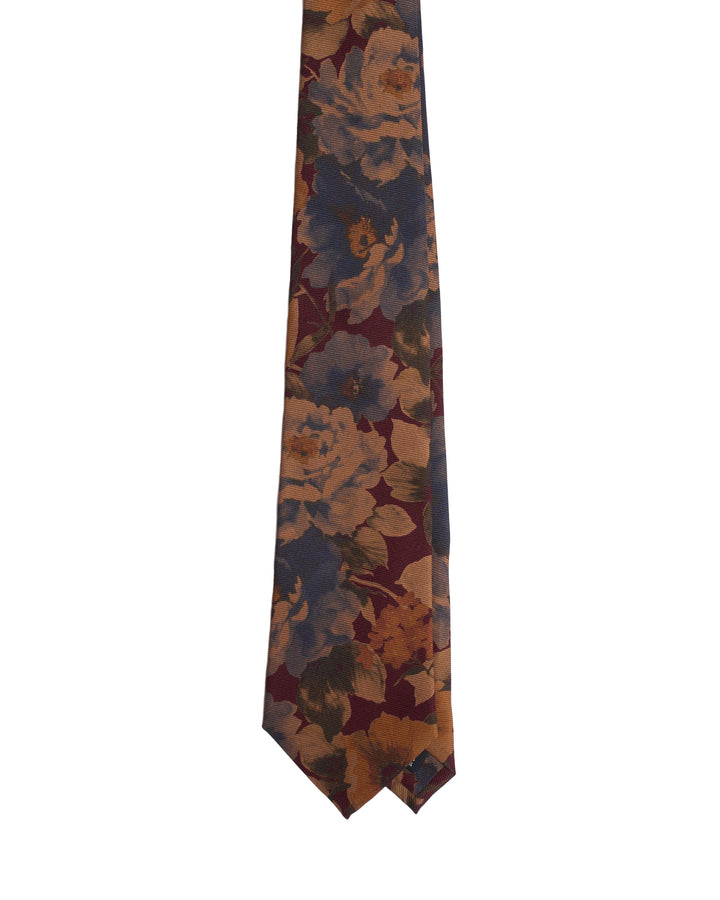 Printed tie - 3 Fold - Burgundy with blue flowers