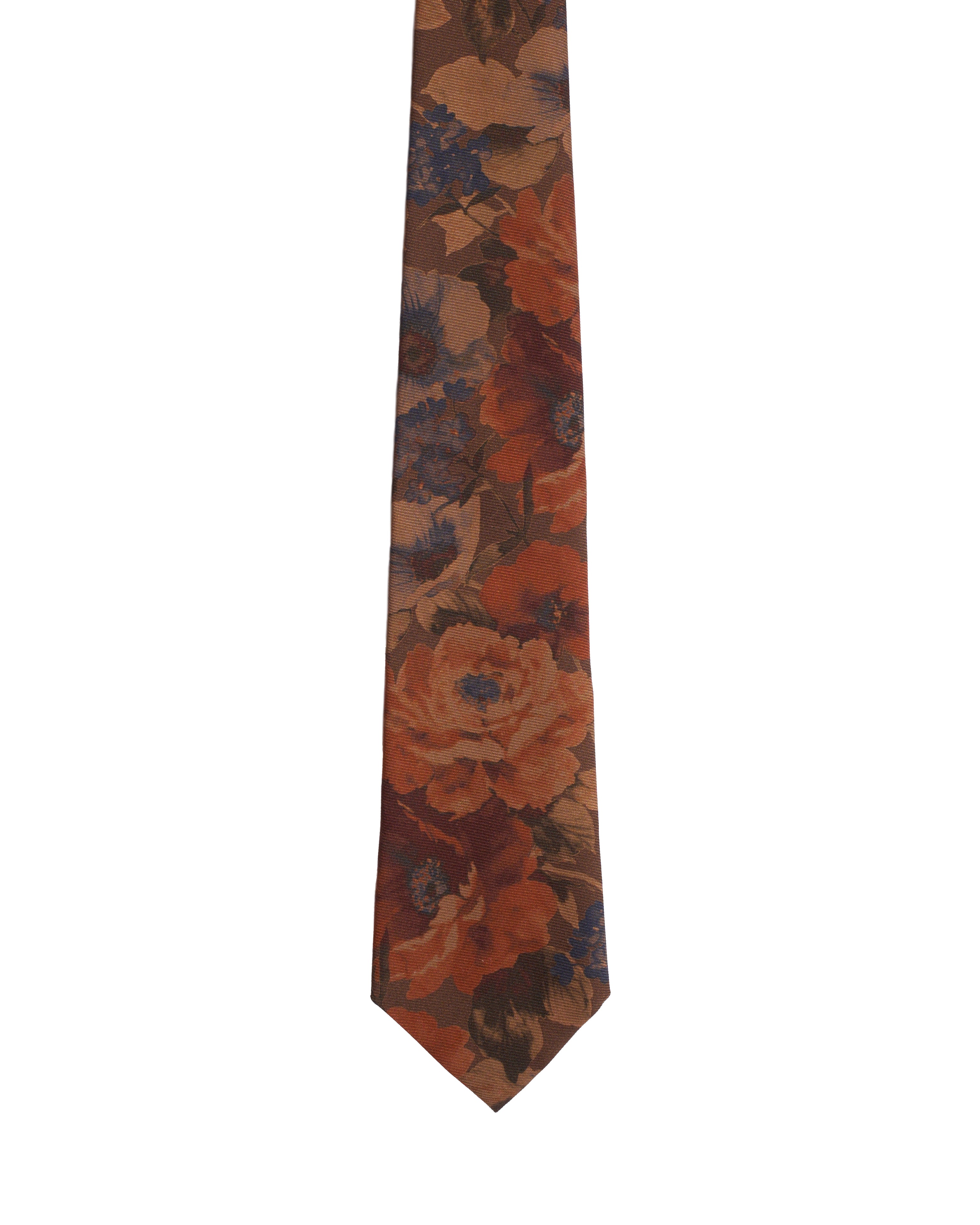 Printed tie - 3 Fold - Brown with orange flowers